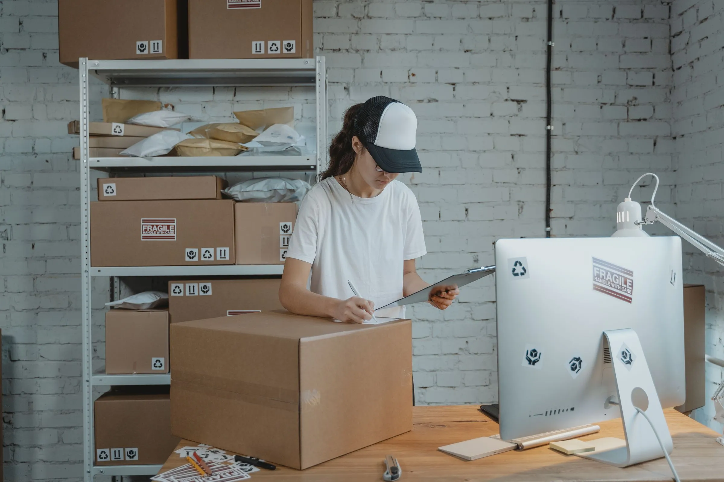 A woman in a white T-shirt and cap writing on a clipboard while standing over a large kraft cardboard box on a packing bench, with a white steel shelving unit of stocked cartons and poly mailers behind her against a whitewashed brick wall.