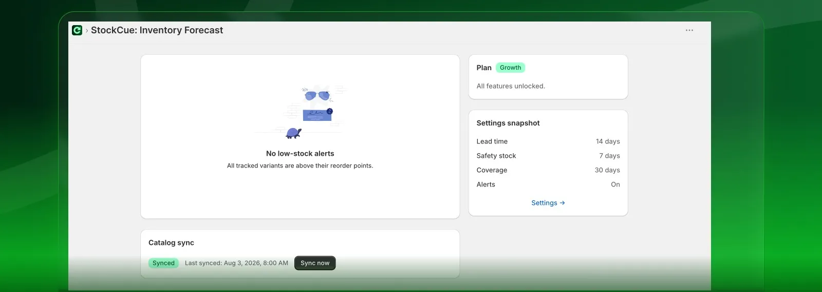 The StockCue: Inventory Forecast dashboard inside Shopify admin, showing an all-clear low-stock panel reading “All tracked variants are above their reorder points”, a plan card, a settings snapshot listing a 14-day lead time, 7-day safety stock and 30-day coverage, and a synced catalog status