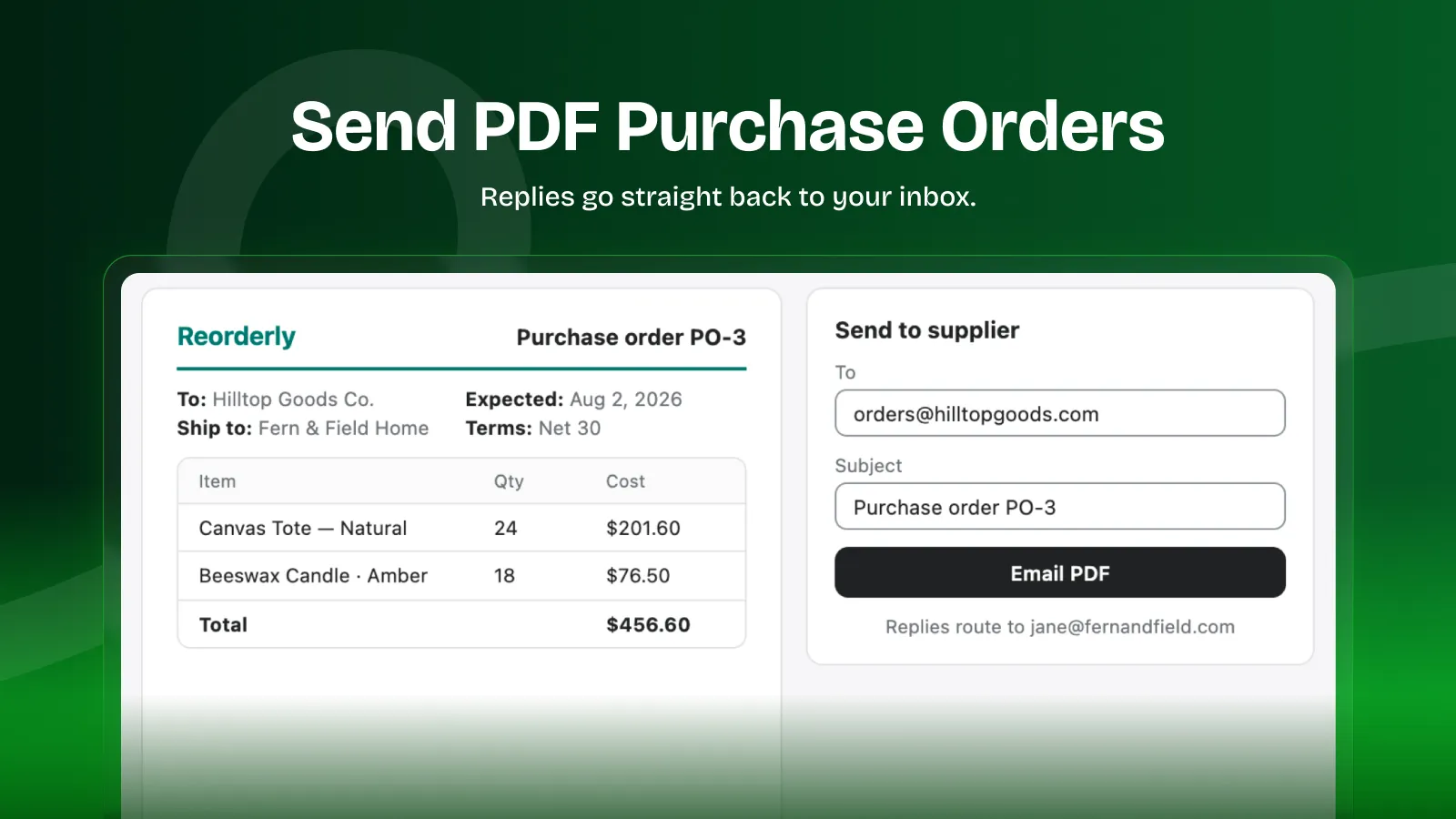 StockCue purchase order screen with a generated PDF, supplier email address, subject line, and a one-click Email PDF button